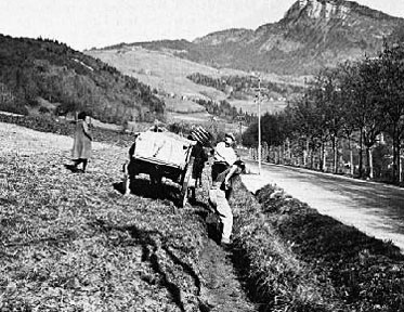 Figure 11.2 Farmers in southern France removing excess topsoil eroded from above in the landscape to its present condition partially due to tillage erosion. They hauled the soil to the field apex and covered the eroded soil at the apex with the soil deposits from the base of the hill. (Lowdermilk, 1953).